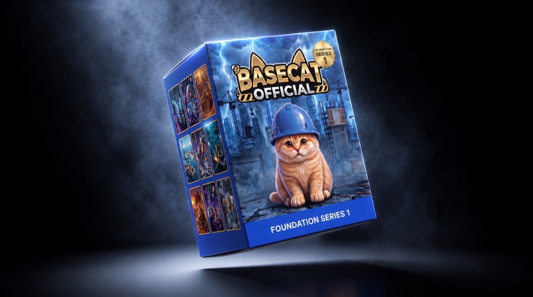 A sealed BaseCat collectible box floating in darkness